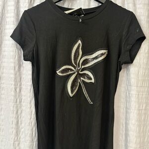 NWT Gracia Black Top with Silver Floral Design